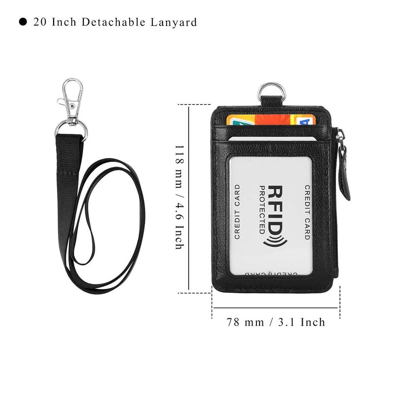 HAWEE Badge Holder with Zipper Genuine Leather RFID Keychain Wallet Neck Lanyards with Swivel Hook for Card/Coin/Cash, Black - Image 4